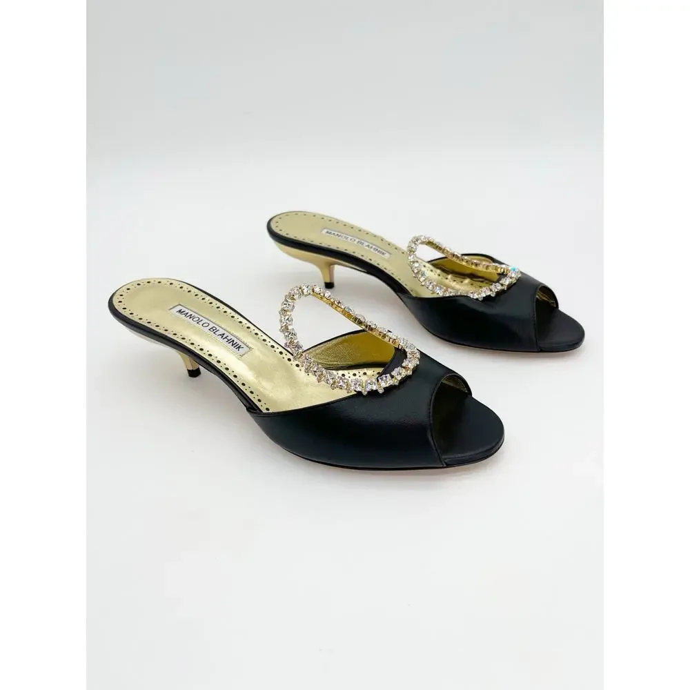 Manolo Blahnik Astria Black Gold Leather Crystal Ring Slide Mule Sandals IT 39